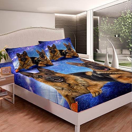 Dog Galaxy Bedding Set for Girls Boys Children 3D German Shepherd Dog Print Bed Sheet Set Decorative Chic Blue Purple Starry Sky Fitted Sheet Cute Pet Puppy Animal Pattern Bed Cover Twin Siz
