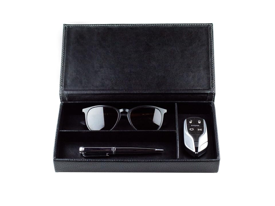 DELMON VARONE - Personalisierbarer Ablagekasten mit Deckel aus Premium Leder Soft Grain schwarz, Schreibtischschale für Kugelschreiber, Füller & Schreibutensilien, Echtleder Stifteetui mit 3 Fächer