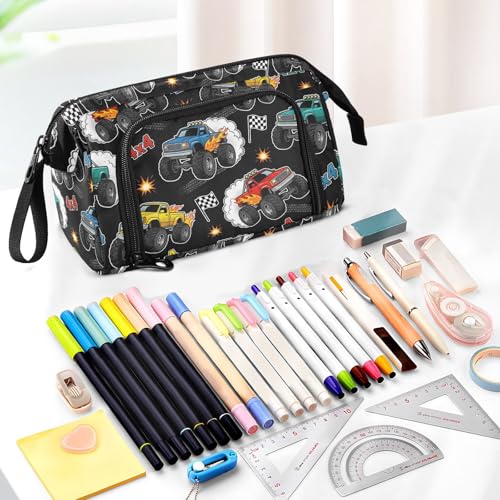 Image of Monster Truck Black Print Pencil Case Pouch Big Capacity Pencil Bag Box Organizer Pen Case with Compartmens Stationery Organizer for Girls Boys Women School College Office