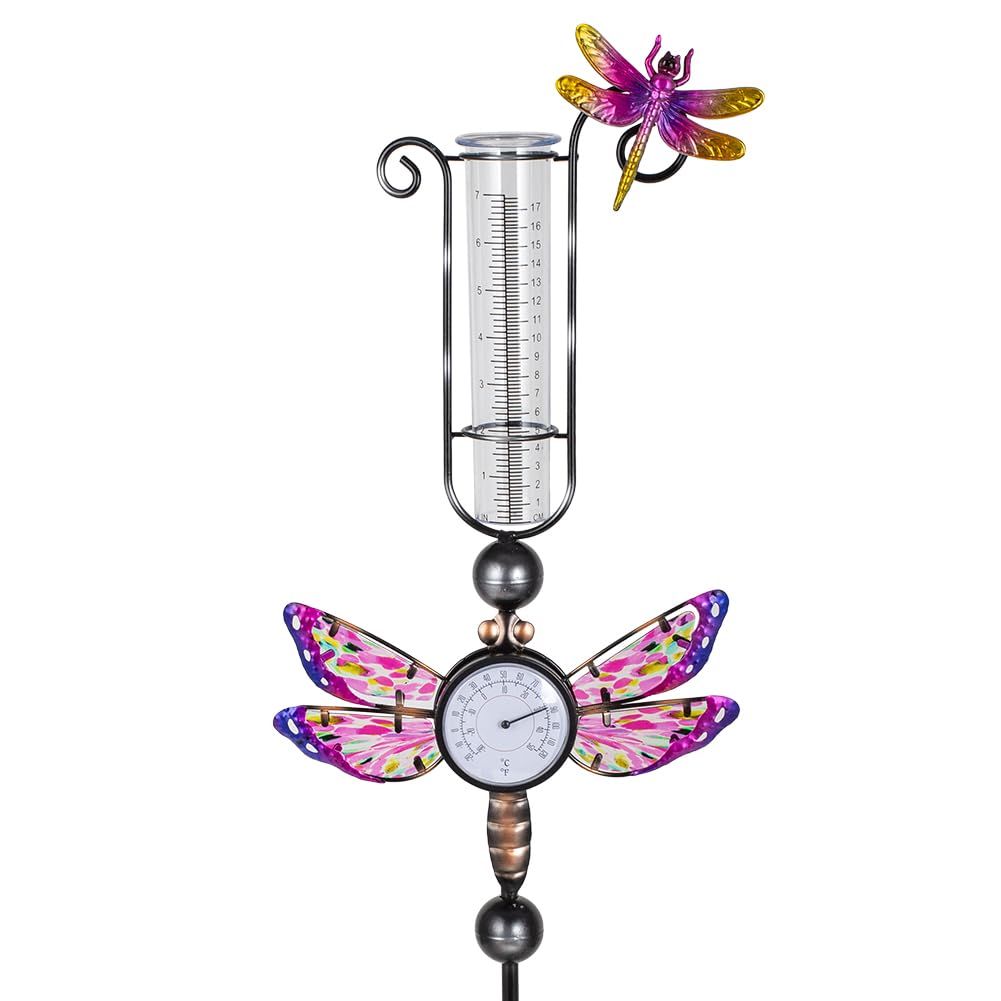 Regenmesser für den Außenbereich mit 7 Inc Kunststoffrohr | Mit Thermometer, gebeizter Libellen-Dekoration, Metall-Gartenstecker, Regenwassermesser für Hof, Garten und Rasen