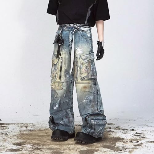 Men's Retro Workwear Jeans, Men's high Street Graffiti Multi Pocket Loose Straight Leg Wide Leg Floor Pants3