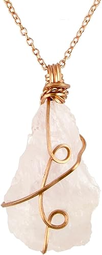 Copper Wire Wrapped Raw Rose Quartz Crystal Pendant Necklace, Handmade, Comes With 20" (51 cm) Chain (L)