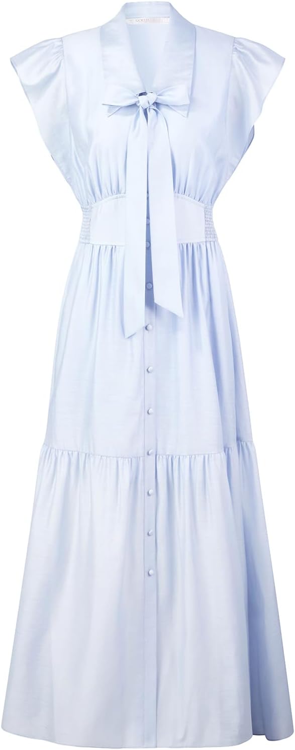 GOELIA Summer Dresses for Women Casual Lapel Neck Ruffle Cap Sleeve Tencel Maxi Dress with Sash Elegant Party Dresses