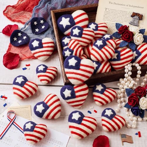 Frienda 16 Pcs 4th of July Wool Heart Ornaments Patriotic American Flag 100% Wool Heart Decorations Red White Blue 250th Anniversary Bowl Filler for Independence Veteran Home Tiered Tray Decor