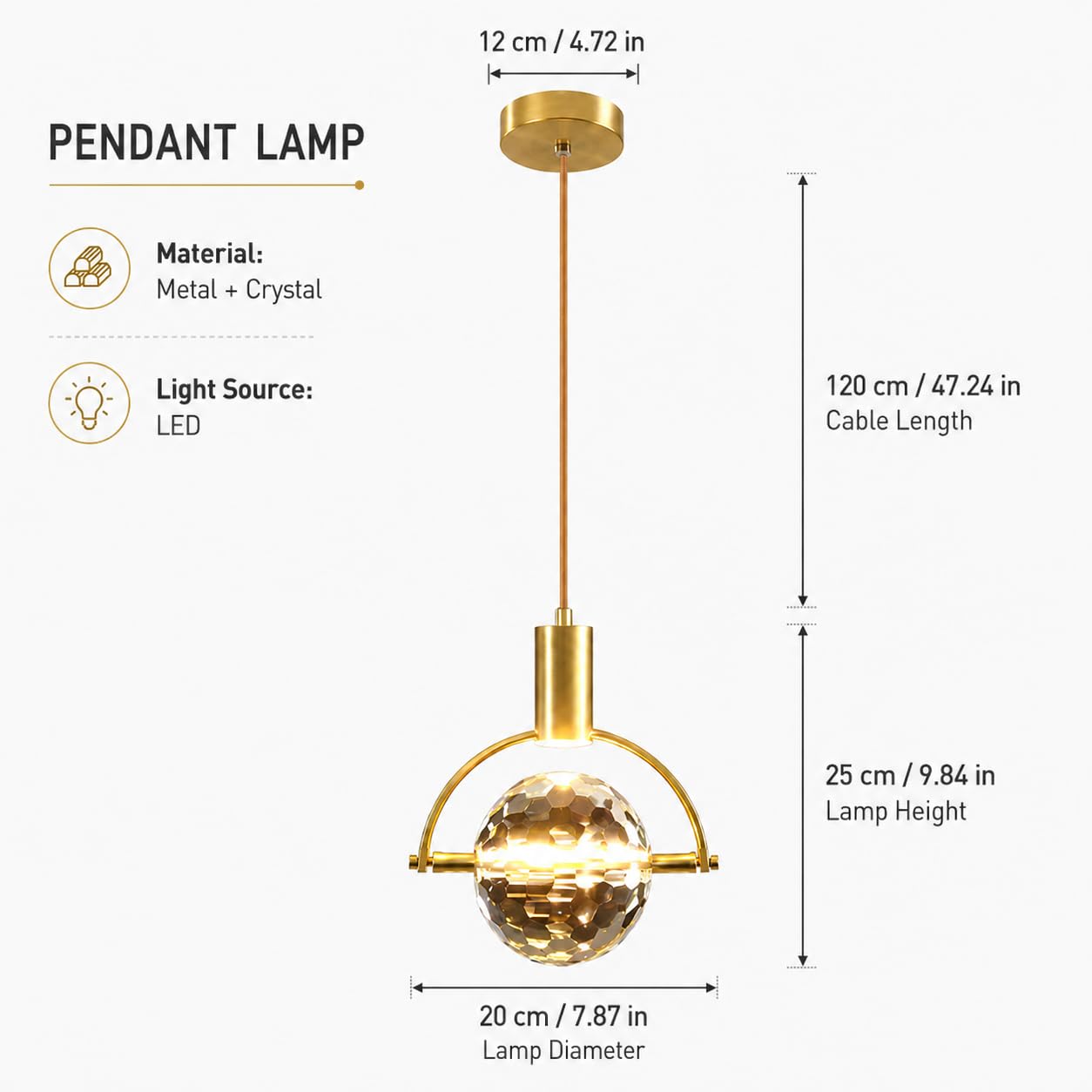 Lámpara colgante de cristal facetado con estructura metálica para comedor.