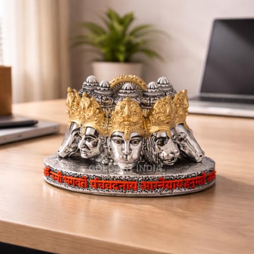 Image of Gold Art India Panchmukhi Hanuman Idol Silver Antique Gold Finish Bust Design Decorative Murti for Home Temple, Car Dashboard, Office & Vastu Decor