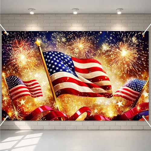 Image of BlissYard 4th of July Banner 71 x 43 Inches Large Patriotic Backdrop American Flag Red White Blue Fireworks Decorations for Outdoor Yard Party,Independence Day Memorial Day Decorations