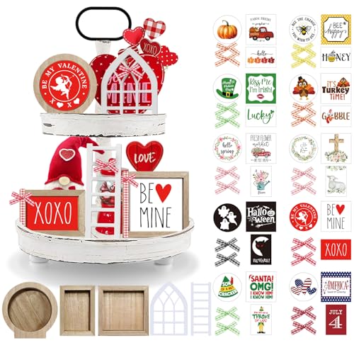 Nuvagiki Valentine's Day Tiered Tray Decor, Valentine's Day Decorations for Home, Interchangeable Year Round Seasonal Decorations Wooden Frames + Mini Arch + Ladder Set, No Tray, Valentines Gift