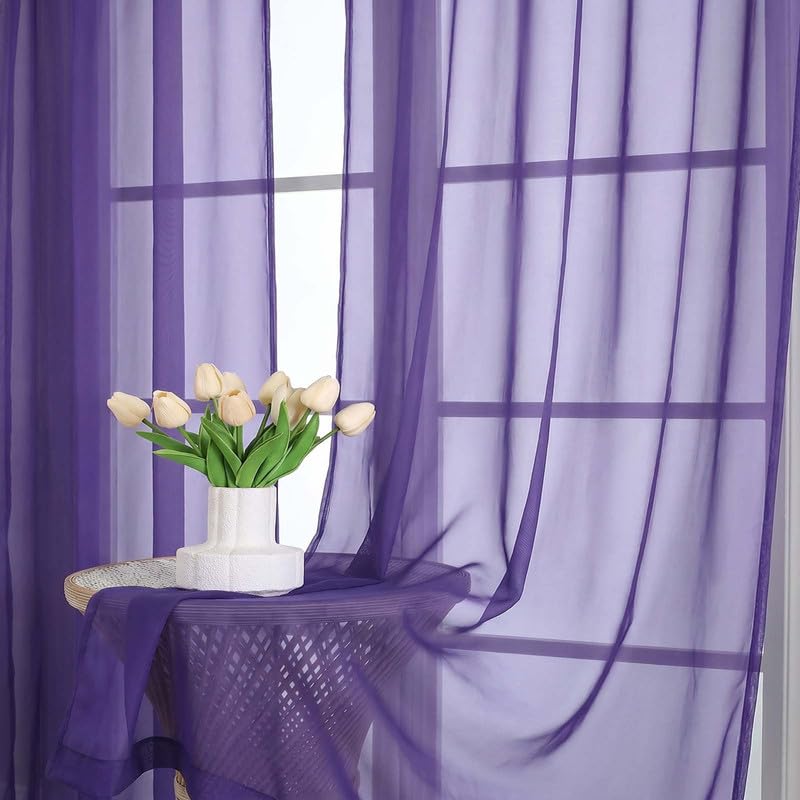 Image of OVZME Purple Sheer Curtains 54 Inches Long 2 Panels - Soft Light Filtering Window Sheer Panels for Living Room /Bedroom, Top Dual Rod Pocket, 1 Pair, Each 42Wx54L Inches