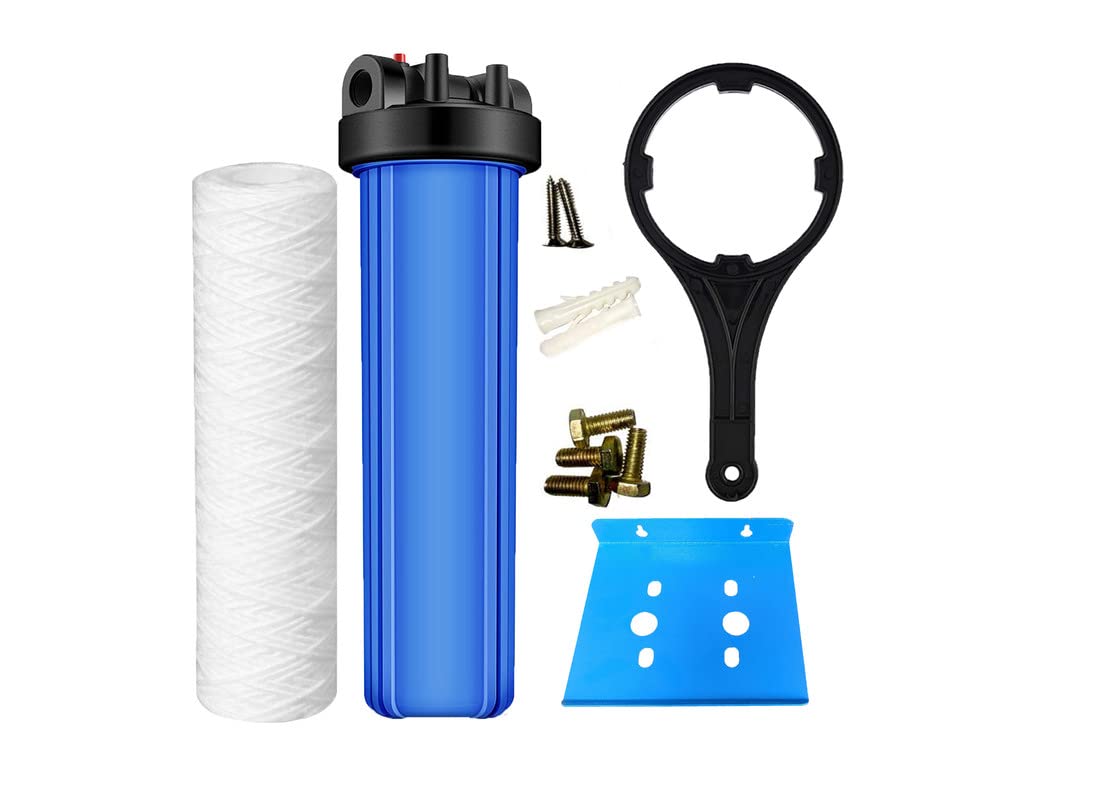 Ampereus Whole House Water Filter 20 Inches Jumbo Yarn Filter With Jumbo Housing Plate And Spanner 1.5 Inch Inlet Outlet - Sedimentation, Blue