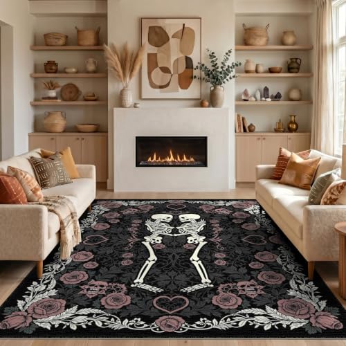 Adiugt 8'x10' Black Gothic Skull Couple Skeleton Pattern Washable Area