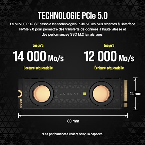 Disque SSD M.2 - CORSAIR - MP700 PRO SE Hydro X Series - TLC NAND - Waterblock préinstallé - DirectStorage - 14 000 Mo/s