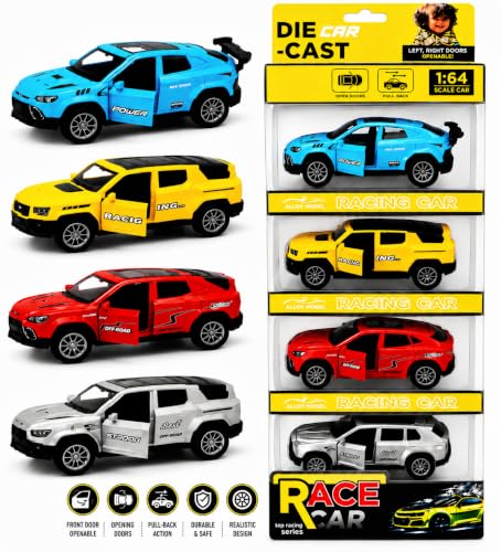 Image of Galaxy Hi-Tech SUV Die-Cast Pull Back 1:64 Toy Car Set of 4 with Openable Front Doors Mini Metal Racing and Collectible Cars for Kids and Collectors Realistic Model Beautiful Display Piece for Gift