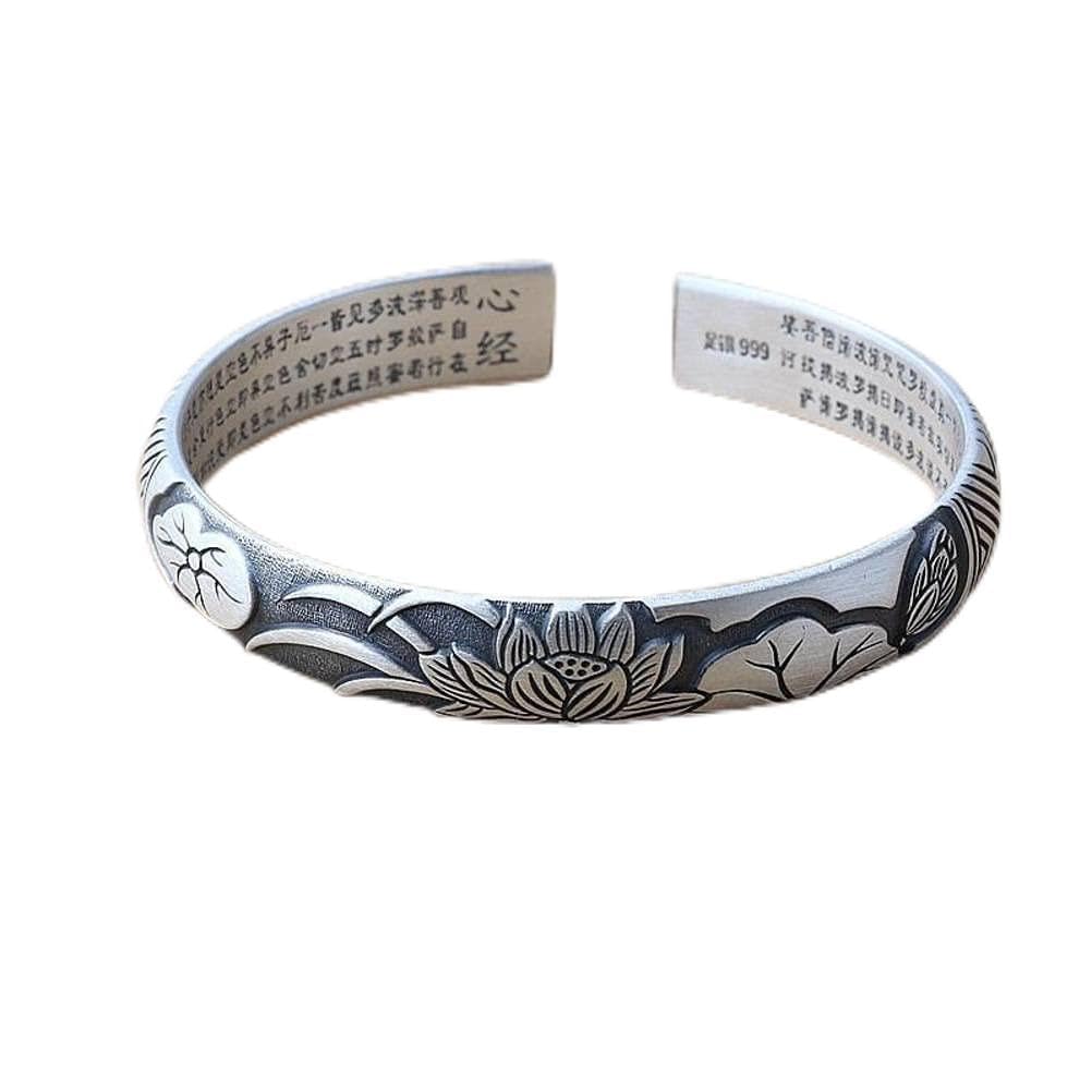 Bracelet argent mat ouvert ajustable antiallergique gravure fleur - 8