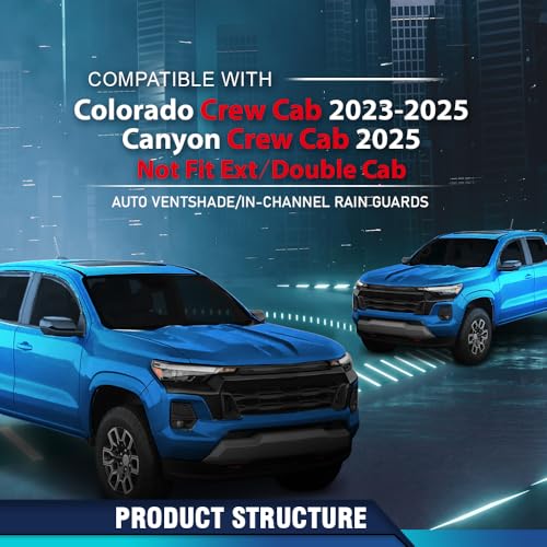 Image of PIT66 in-Channel Window Rain Guards Compatible with Chevy Colorado Crew Cab 2023 2024 2025, Fit GMC Canyon Crew Cab 2025, Not Fit Ext /Double Cab Window Deflectors Vent Visors Smoke 4 PCS