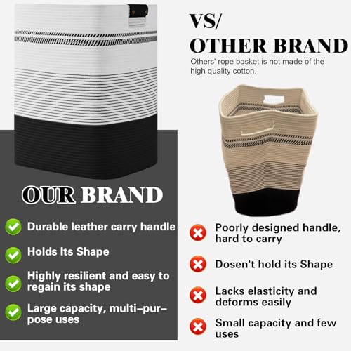 Image of Laundry Hamper, 95L Tall Laundry Basket with Leather Handles, Rectangle Large Clothes Hamper for Organizing, Cotton Woven Laundry Baskets Storage Hampers for Bedroom, Nursery, Living Room