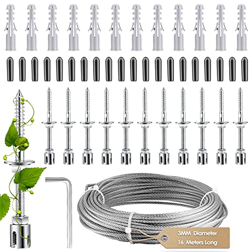CUPCHID Support pour plantes grimpantes, corde en acier inoxydable 16 m, kit avec câble 3 mm et 12 tendeurs pour jardin, mur, béton, clôture