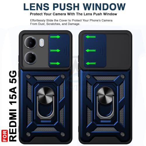 Image of AESTMO Tough Armor Redmi 15A 5G Bumper Back Case Cover | Ring Holder & Sliding Camera Shield Cover | 360 Degree Protection Back Case Cover for Redmi 15A 5G (Blue)