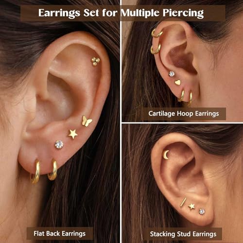 Jstyle Hypoallergenic Surgical Steel Earrings for Sensitive Ears 14K Gold Flat Back Stud Earrings for Women Men Small Stainless Steel Stud Hoop Screw Back Cartilage Earring Set for Multiple Piercing4