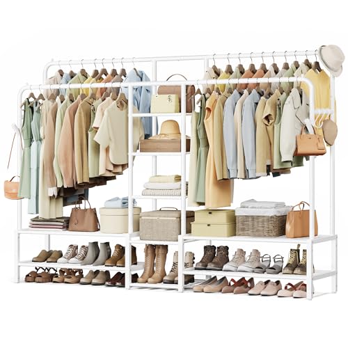SONGMICS Clothes Rail Heavy Duty Clothes Rack with 9 Storage Shelves Double Hanging Rods Metal Coat Rack Open Wardrobe for Bedroom Living Room Hallway White HSR183WG01