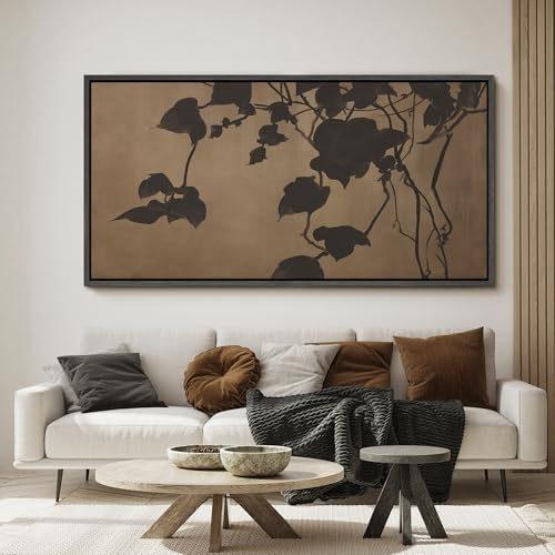 Image of MUDECOR Extra Large Framed Canvas Print Wall Art Minimalist Shadow Leaves Neutral Botanical Silhouette Antique Retro Ready to Hang Painting for Living Room Bedroom Multi-Sizes - 60 inchx30 inch