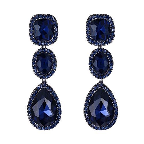 EVER FAITH Women's Bridal Jewelry Square Oval Shape Crystal Teardrop Dangle Earrings Navy Blue Black-Tone