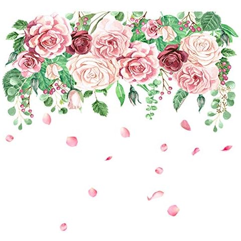 Giant Rose Flower and Leaves Wall Decal Flowers Mural Art Removable Self-Adhesive Wall Stickers for Living Room Bedroom Office Cover