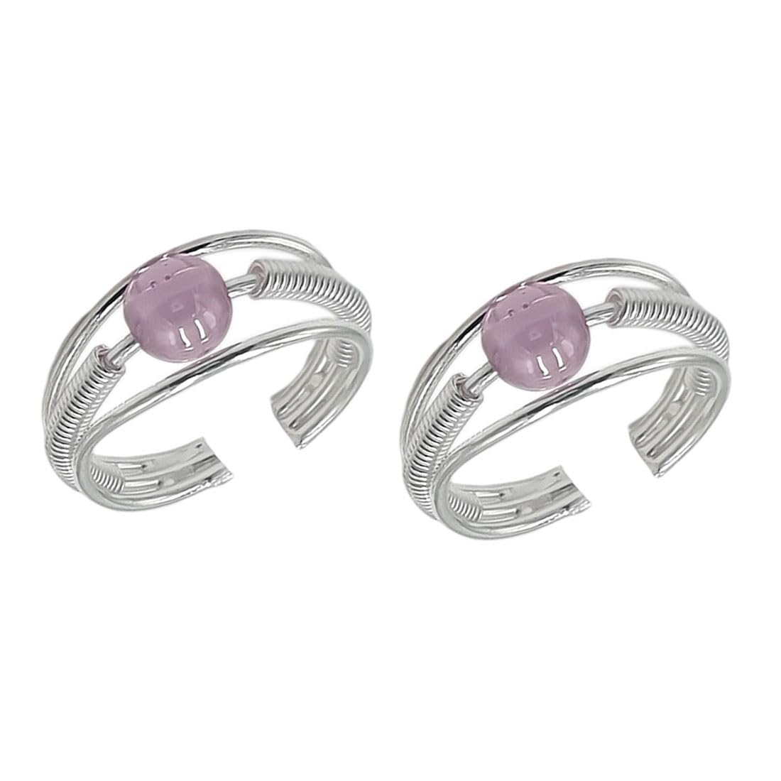 Pure Silver Three Line Centre Pink Bead Toe Ring (Chandi Bichhiya) For Women ~ 2 Pieces-image-32
