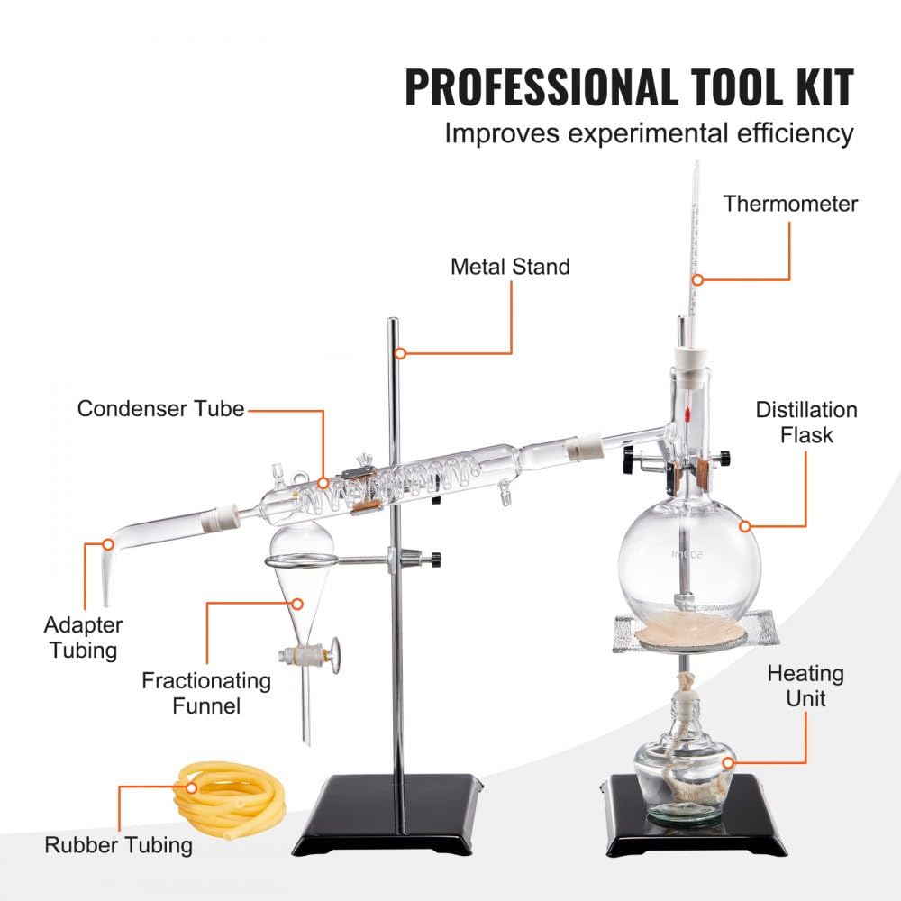Kit de material de vidrio de laboratorio, nueva unidad de destilación DIY, aparato de destilación de aceites esenciales de laboratorio, 500 ml, resistente a altas temperaturas, para destilación
