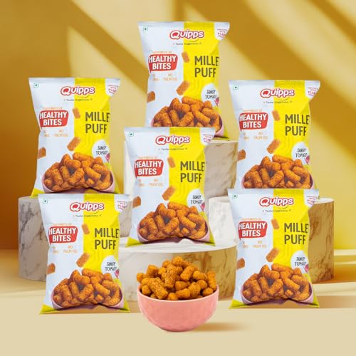 Image of Quipps Millet Puff Tangy Tomato Pack of 6, 60g Each | Non-Fried Puffed Millet Snack | Plant Protein Enriched | Gluten Free | No Palm Oil, No Artificial Preservatives | Light & Crunchy Snack for Office & Travel