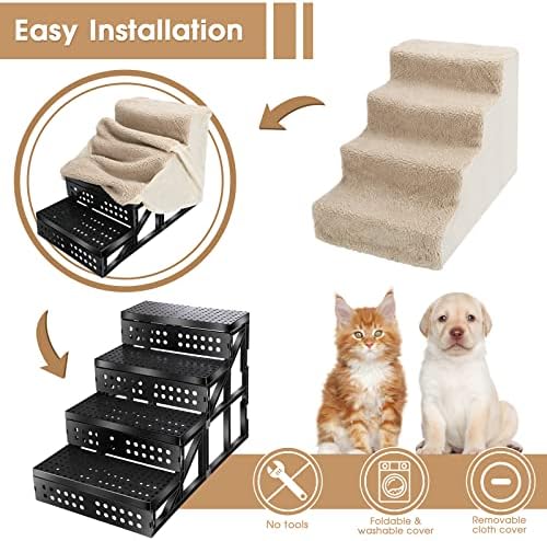 MASTERTOP Pet Steps Stairs, 4-Steps Dog Stairs with Removable and Washable Plush Cover, Lightweight Plastic Ladder for Small Dogs and Cats, Send Pet Grooming Glove and Pet Toy - White