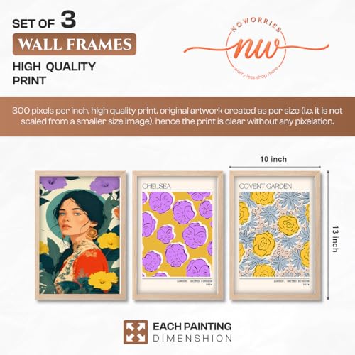 Image of NoWorries Modern Portrait Art & London Floral Wall Frames Paintings | Chelsea & Covent Garden Botanical 300 GSM Premium Prints | Stylish Home Decor for Living Room, Office & Bedroom | Synthetic Wooden Wall Art Frames (Set of-3) (NATURAL, ART-4, 10X13INCHES)