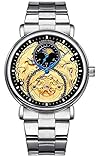 Carlien Orologio automatico da uomo, in acciaio inox, con Tourbillon, con scheletro, fasi lunari, impermeabile, in acciaio inox, Acciaio Argento, 44mm, Orologio scheletro
