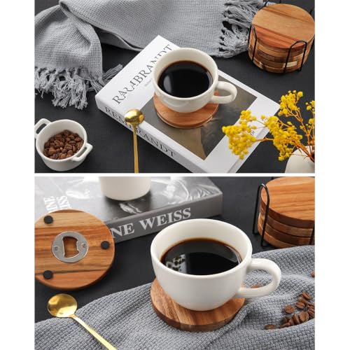 Posavasos de madera con soporte metálico y abrebotellas para mesa de restaurante 7