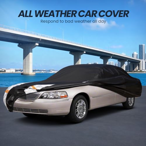 Image of Multi-Layer Car Cover Custom Fit for Lincoln Town(1998-2011), 100% Waterproof All Weather for Automobiles, Gift with Towel, Heavy Duty Car Covers for Rain Sun UV Protection with Door Zipper.