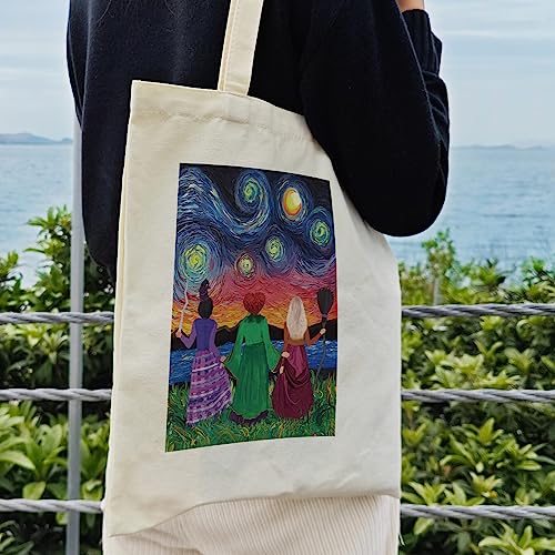 Dlzdn Halloween Canvas Tote Bag For Women Aesthetic Hocus Pocus Starry Night Tote Bag Shopping Grocery Bag Beach Bag Gifts for Women Teacher Bag Reusable Grocery Bag by Dlzdn - Used condition - Image 4