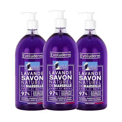 EVOLUDERM - Savon Naturel de Marseille Lavande - 1000 ml - 97% d’Origine Naturelle - Végan - Fabrication Française - Lot de 3 x 1000 ml