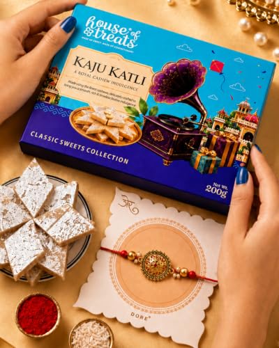 Image of Hyperfoods Rakhi Set for Brother Rakhi With Sweets House of Treats Kaju Katli 200g Sweets Gift Pack Gift Hamper for Bhaiya Rakhi Gift for Brother
