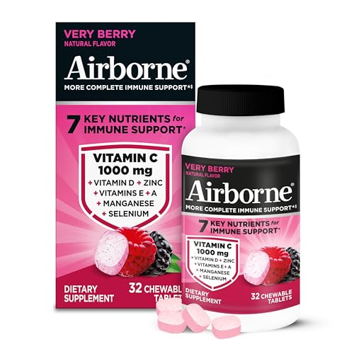 Airborne Very Berry Chewable Tablets, 32ct | Immune Support Supplement with 1000mg Vitamin C + Vitamins A, D, E, Zinc,Selenium, & Manganese | Herbal blend | Gluten Free