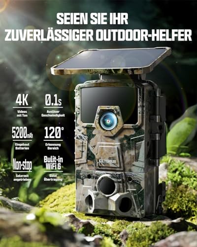 CEYOMUR 4K 30fps Solar Wildkamera, 60MP Wi-Fi 6 wildtierkamera mit Handyübertragung App, 120°...