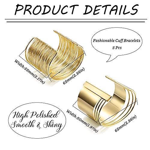 Jslohas 5Pcs Cuff Bangle Bracelet For Women Gold Cuff Bracelets Open Wide Wire Bracelets Adjustable Gold-Tone Wrist Cuff Wrap Bracelet Set #TOP1
