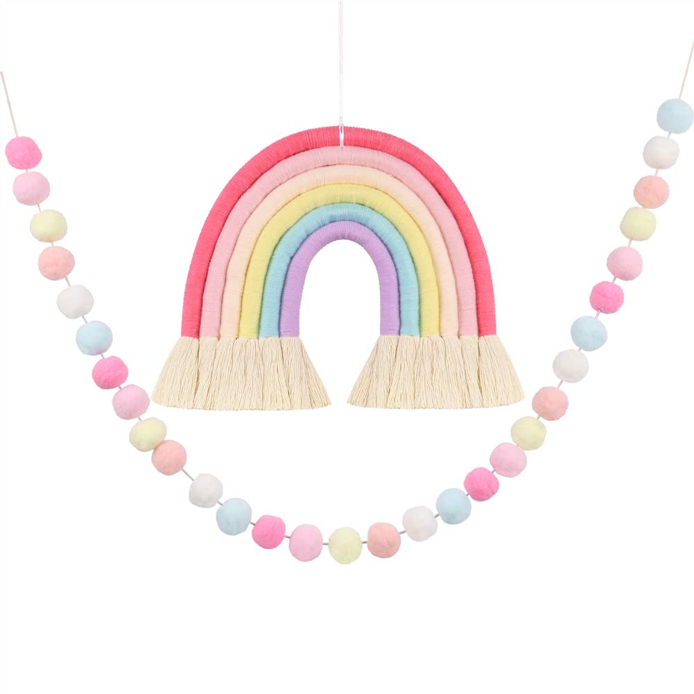 DrCor 2 Pack Pink Pastel Rainbow Wall Decor with Pastel Pom Pom Garland Yarn Rainbow Wall Hanging for Toddler Girls Bedroom Nursery Birthday Party Baby Shower Decor