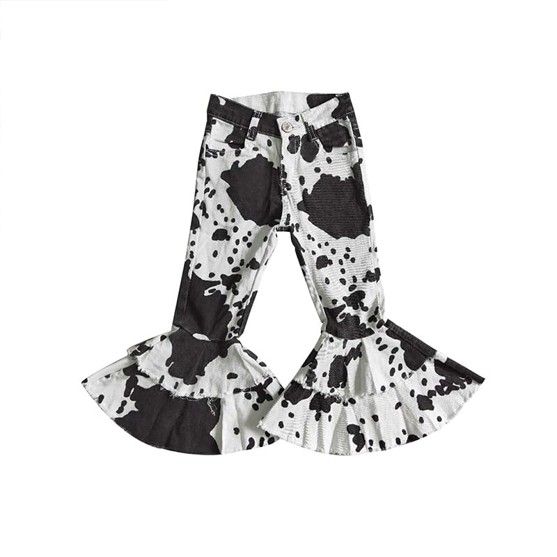 Girl Jeans Cow White Black Teal Blue Jeans Ruffle Toddler Bell Bottom Pants