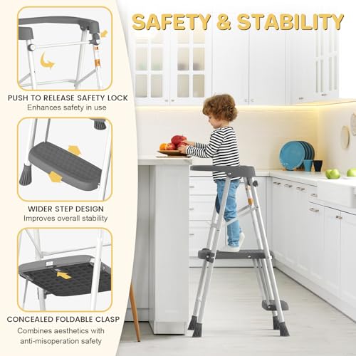 Image of HBTower Kids 2 Steps Step Stool, Toddler Tower with Anti-Drop Safty Railing, Toddler Kitchen Stool Helper for Kitchen Counter Learning Kids Standing Folding Stepper