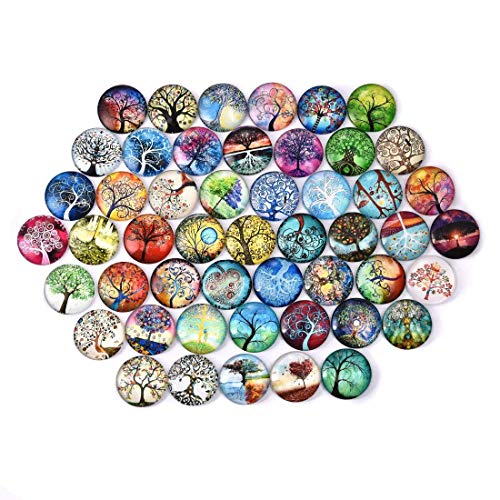 LANBEIDE 25mm/ 1 inch Mixed Color Tree of Life Glass Half Round/Flat Back Dome Cabochons for Jewelry Making 50PCS