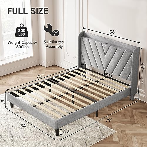 Image of koorlian Full Size Bed Frame, Full Bed with Headboard, Adjustable Upholstered Bed Frame with Type-C&USB Port, Wingback Storage Headboard, Noiseless, No Box Spring Needed, Light Gray