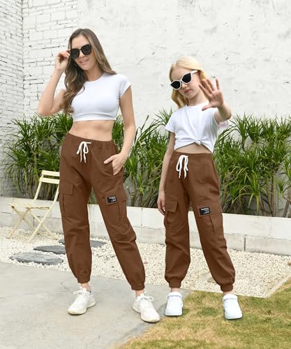 Image of AOWKULAE Big Girls Pants, Drawstring Elastic Waist Loose Tapered Cargo Jogger Pants with Multi Pockets for Girl, Z-Brown, 13-14 Years = Tag 170