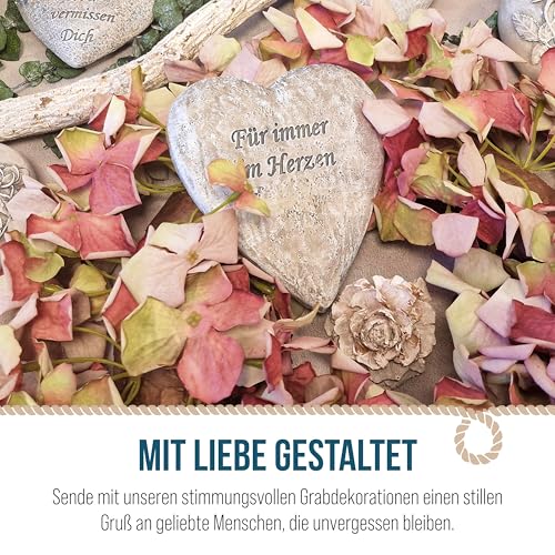 Grabdeko mit Spruch: Grabherz Wetterfest, Gedenkstein Friedhof, Grab, Urnengrab, Trauerstein Herz Deko, Grabschmuck, Grabdekoration Allerheiligen & Totensonntag, Stein Dekoration, 12,5 x 11,5 cm