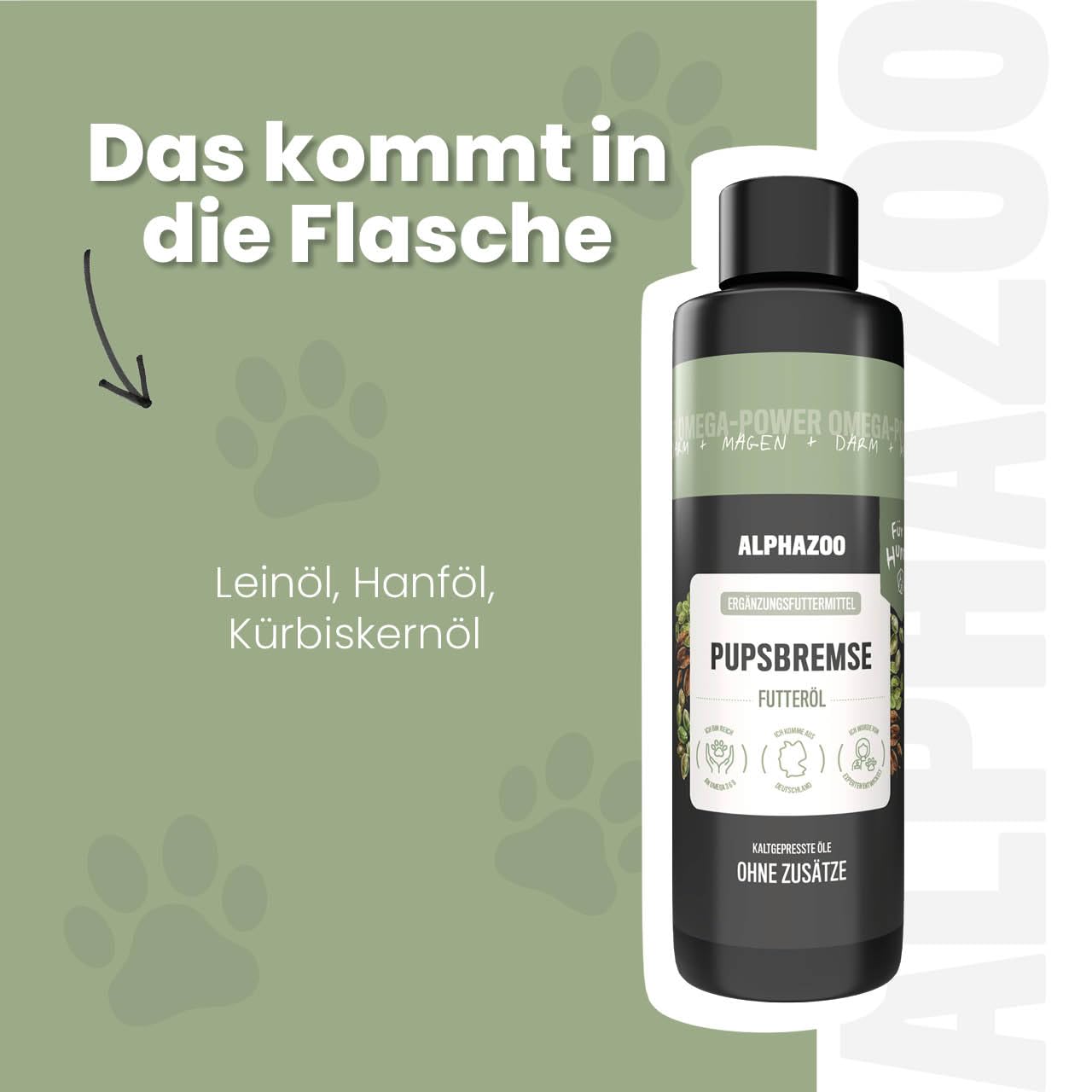 alphazoo Olej do karmy dla psów 100 ml – ochrona żołądka z pestkami dyni i olejem lnianym, wspomaga trawienie i apetyt, wspomaga wrażliwy żołądek, naturalne uzupełnienie barf