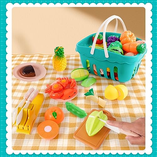 Cutting Play Food Sets for Kids Pretend Play Kitchen Toys Accessories with Storage Basket Plastic Fruits & Vegetables Educational Toy for Toddlers Girls Boys Birthday Gifts